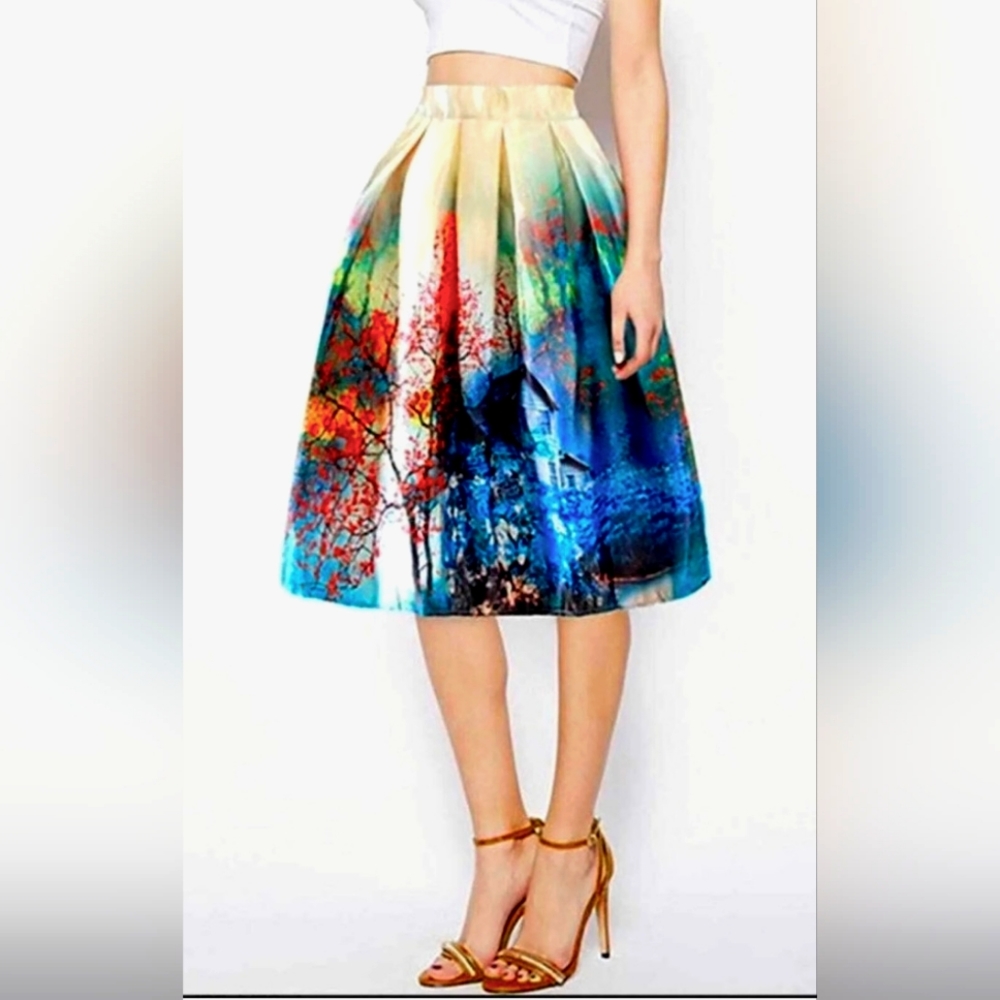 Choies Satin A-Line House Print Knee Length Skirt